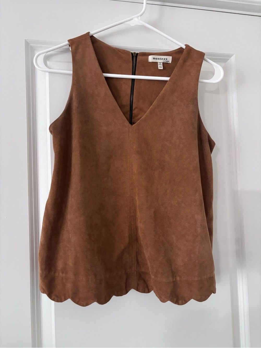 Monteau Tan Suede-Look V-Neck Scalloped Hem Tank